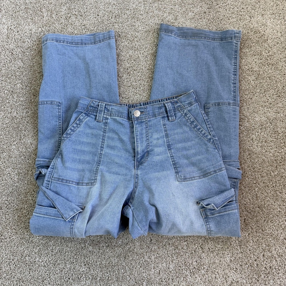 Madden NYC Wide Leg Cargo Jeans Womens Small Light Wash Baggy Stretch Denim